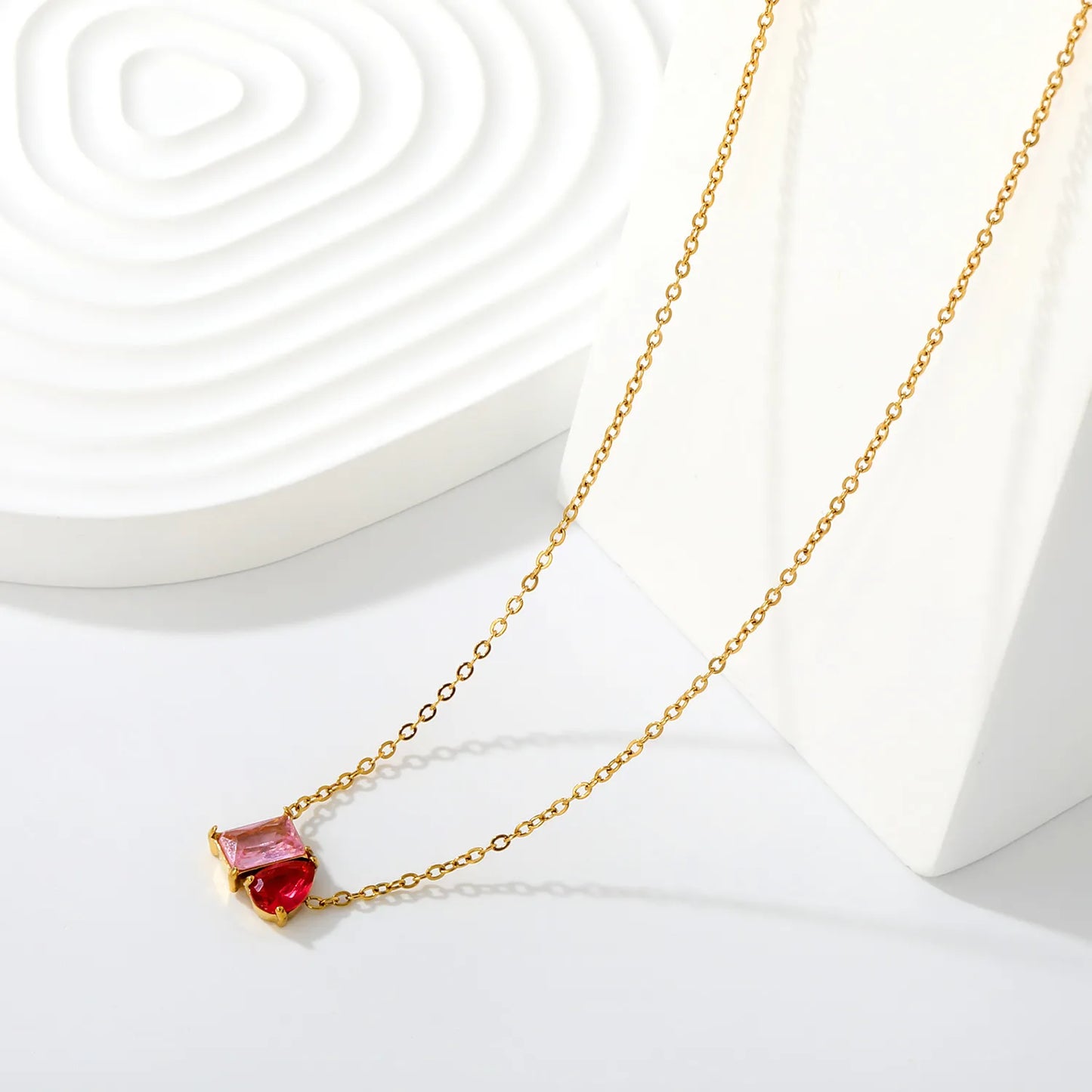 Colorful CZ Dainty Mixed‑Shape Two‑Stone Pendant Necklace | 18K Gold Plated Stainless Steel  | MOQ 12