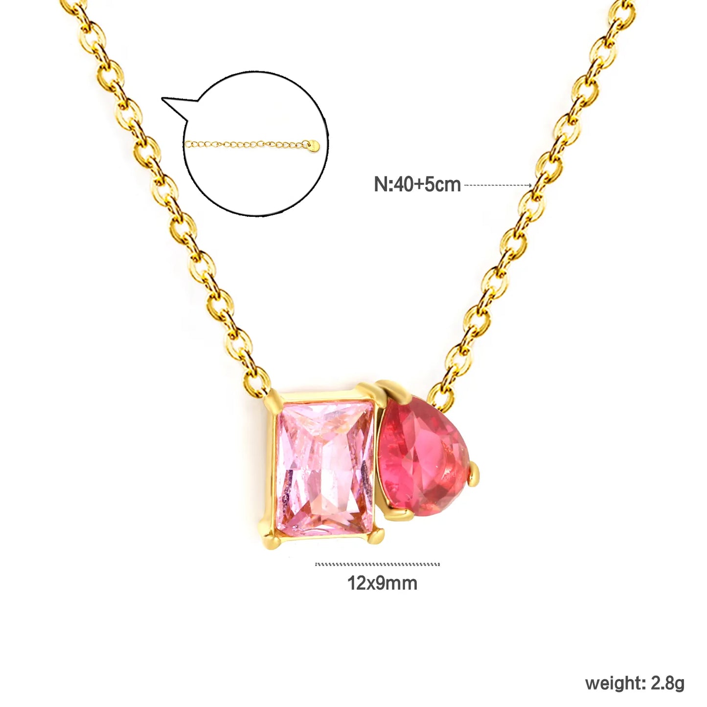 Colorful CZ Dainty Mixed‑Shape Two‑Stone Pendant Necklace | 18K Gold Plated Stainless Steel  | MOQ 12