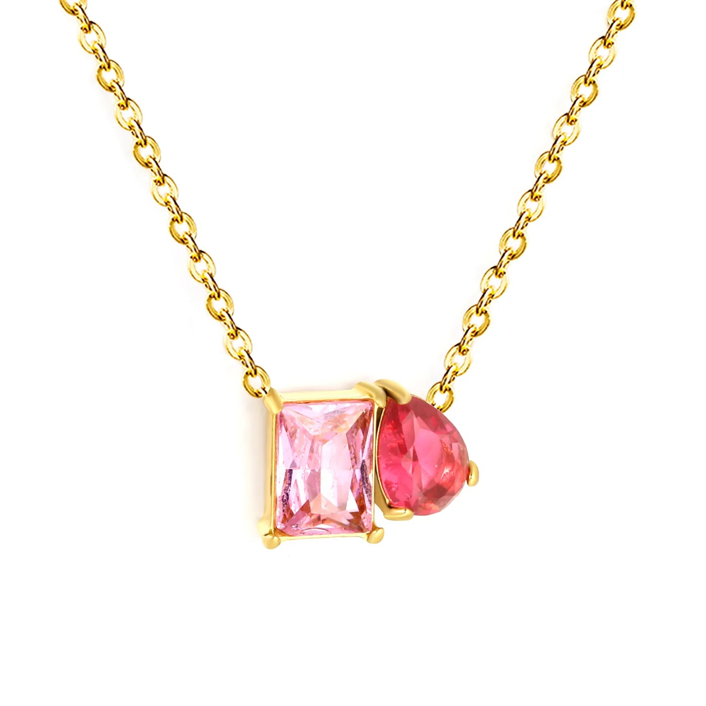 Colorful CZ Dainty Mixed‑Shape Two‑Stone Pendant Necklace | 18K Gold Plated Stainless Steel  | MOQ 12