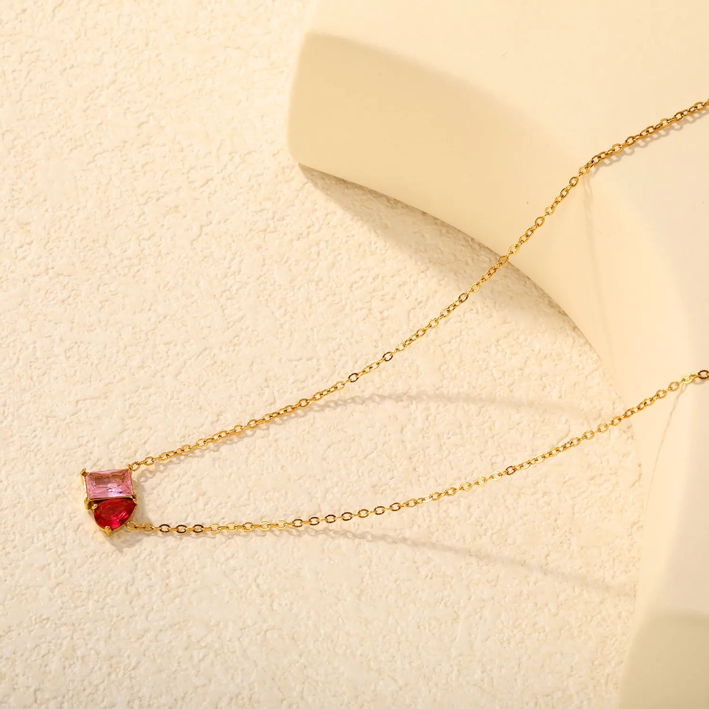 Colorful CZ Dainty Mixed‑Shape Two‑Stone Pendant Necklace | 18K Gold Plated Stainless Steel  | MOQ 12
