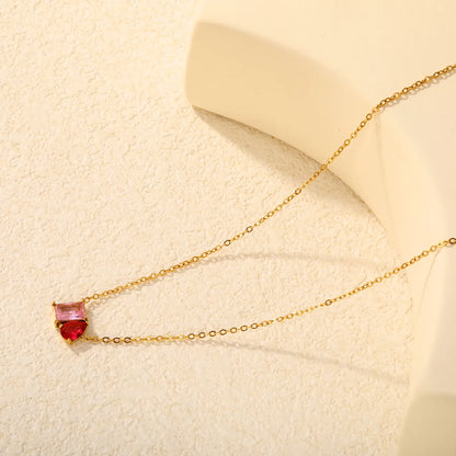 Colorful CZ Dainty Mixed‑Shape Two‑Stone Pendant Necklace | 18K Gold Plated Stainless Steel  | MOQ 12