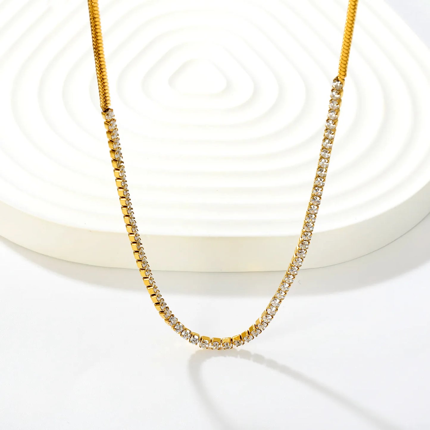 Snake Chain Spliced CZ Tennis Necklace | 18K Gold Plated Stainless Steel Dainty Choker for Wholesale
