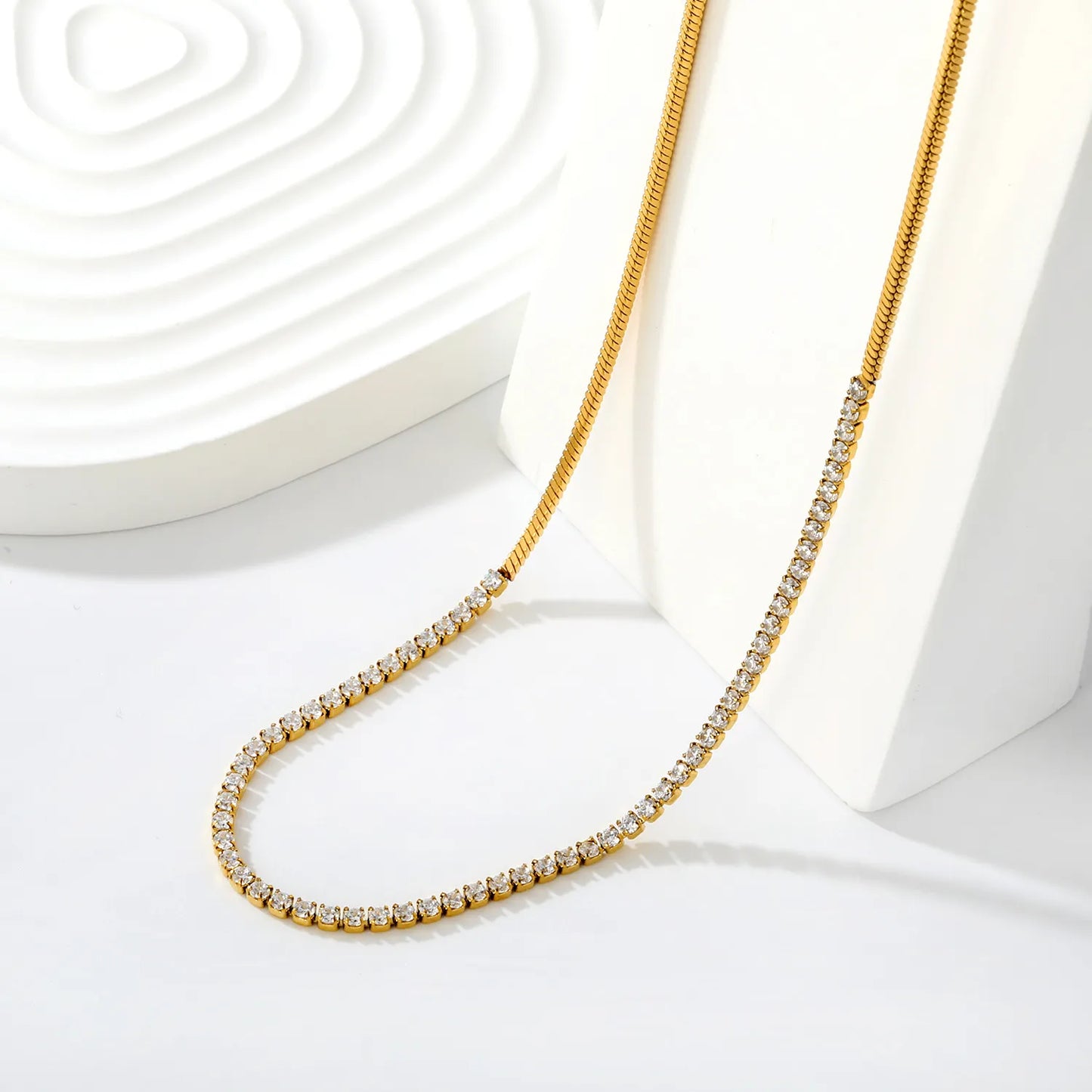 Snake Chain Spliced CZ Tennis Necklace | 18K Gold Plated Stainless Steel Dainty Choker for Wholesale