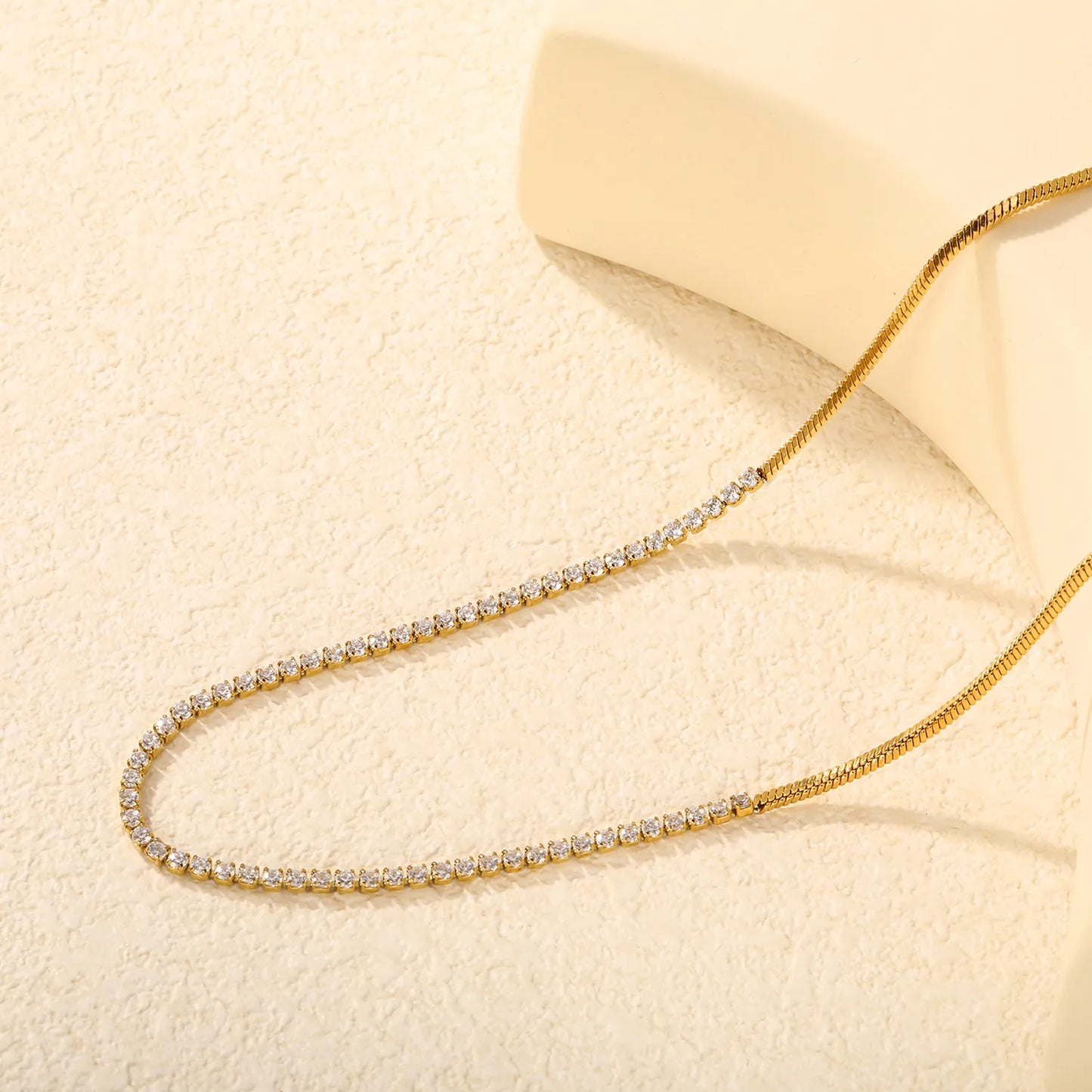 Snake Chain Spliced CZ Tennis Necklace | 18K Gold Plated Stainless Steel Dainty Choker for Wholesale
