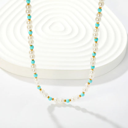 Pearl & Turquoise Beaded Strand Necklace With Gold Spacer Beads | l Boho Choker for Bulk Order