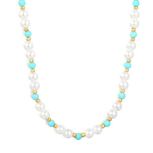 Pearl & Turquoise Beaded Strand Necklace With Gold Spacer Beads | l Boho Choker for Bulk Order