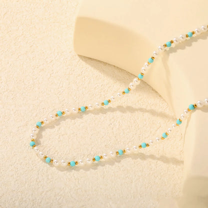 Pearl & Turquoise Beaded Strand Necklace With Gold Spacer Beads | l Boho Choker for Bulk Order