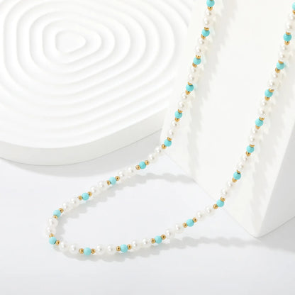 Pearl & Turquoise Beaded Strand Necklace With Gold Spacer Beads | l Boho Choker for Bulk Order