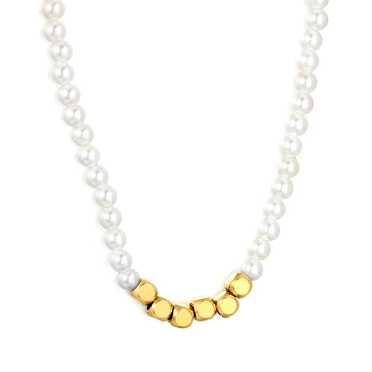 Wholesale Dainty Pearl With Faceted Gold Bead Accent Necklace |  18K Gold Plated Stainless Steel | MOQ 12