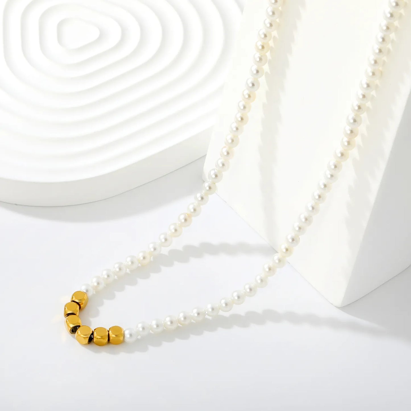 Wholesale Dainty Pearl With Faceted Gold Bead Accent Necklace |  18K Gold Plated Stainless Steel | MOQ 12