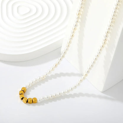 Wholesale Dainty Pearl With Faceted Gold Bead Accent Necklace |  18K Gold Plated Stainless Steel | MOQ 12