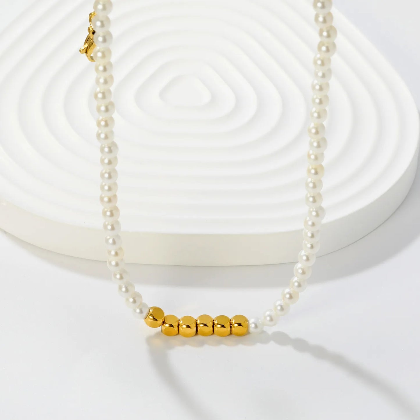 Wholesale Dainty Pearl With Faceted Gold Bead Accent Necklace |  18K Gold Plated Stainless Steel | MOQ 12
