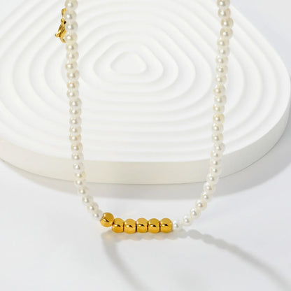 Wholesale Dainty Pearl With Faceted Gold Bead Accent Necklace |  18K Gold Plated Stainless Steel | MOQ 12