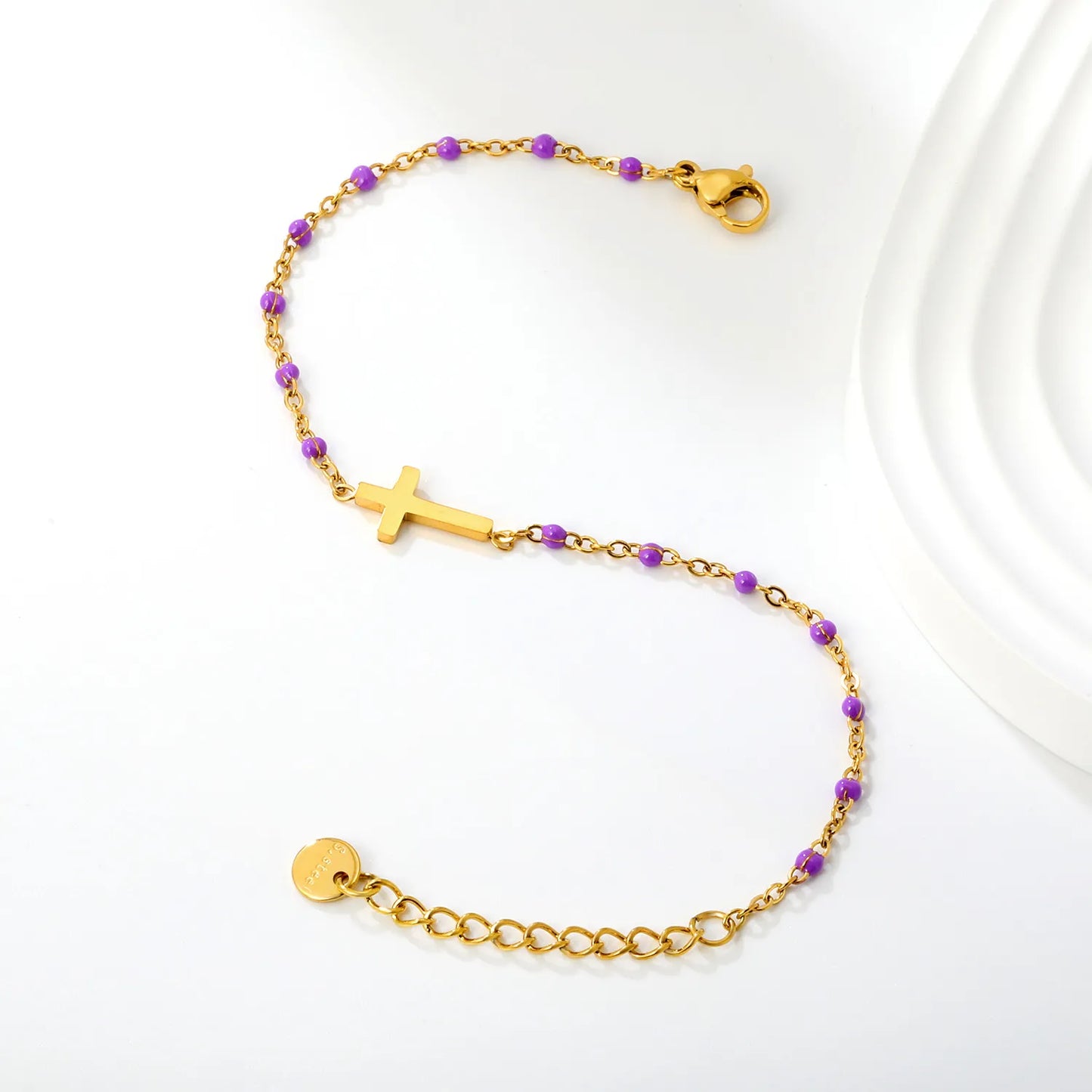 Cross Charm Enamel Station Bracelet | Blue/Black/Purple Color | 18K Gold Plated Stainless Steel for Bulk Order