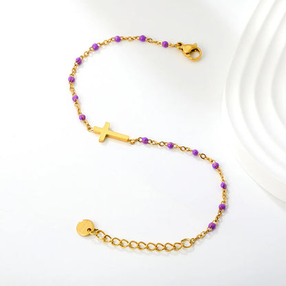 Cross Charm Enamel Station Bracelet | Blue/Black/Purple Color | 18K Gold Plated Stainless Steel for Bulk Order