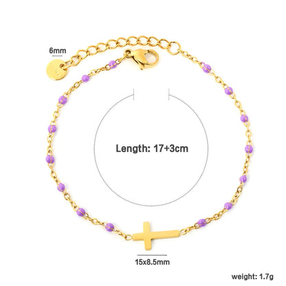 Cross Charm Enamel Station Bracelet | Blue/Black/Purple Color | 18K Gold Plated Stainless Steel for Bulk Order