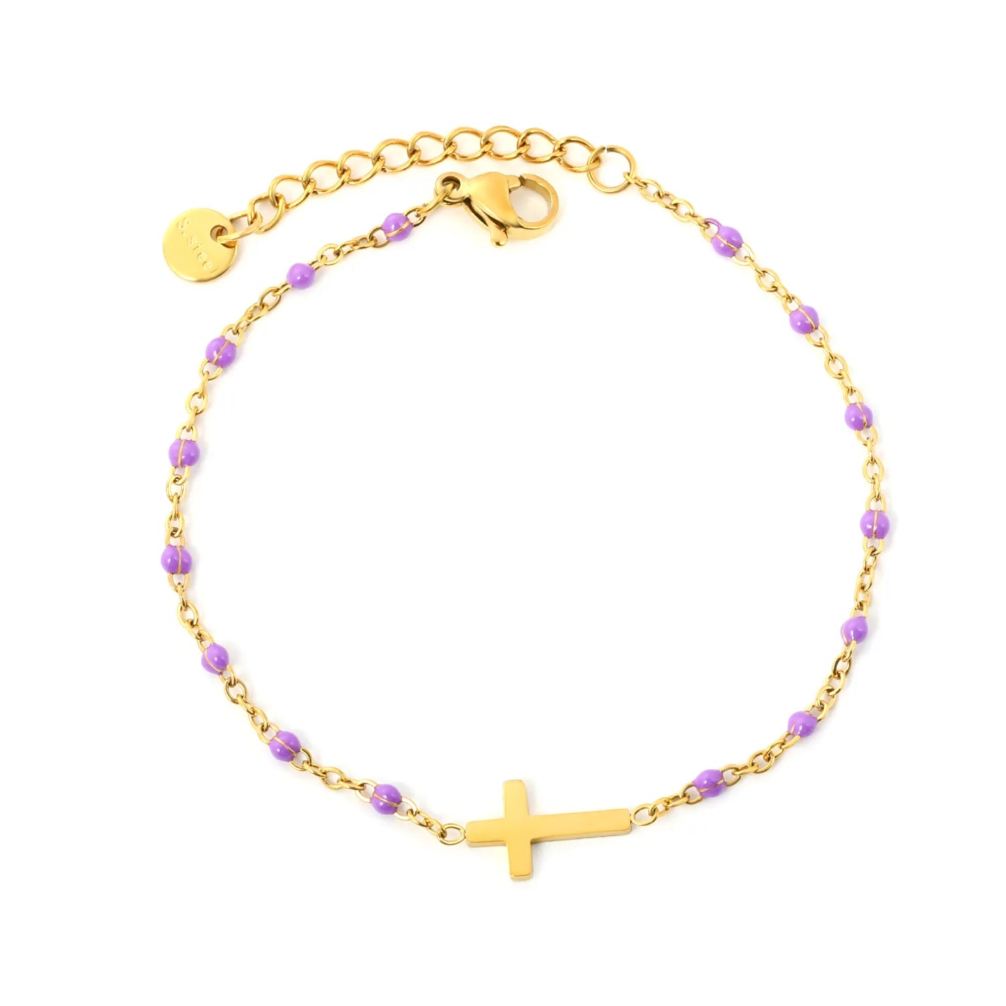 Cross Charm Enamel Station Bracelet | Blue/Black/Purple Color | 18K Gold Plated Stainless Steel for Bulk Order