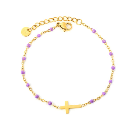 Cross Charm Enamel Station Bracelet | Blue/Black/Purple Color | 18K Gold Plated Stainless Steel for Bulk Order