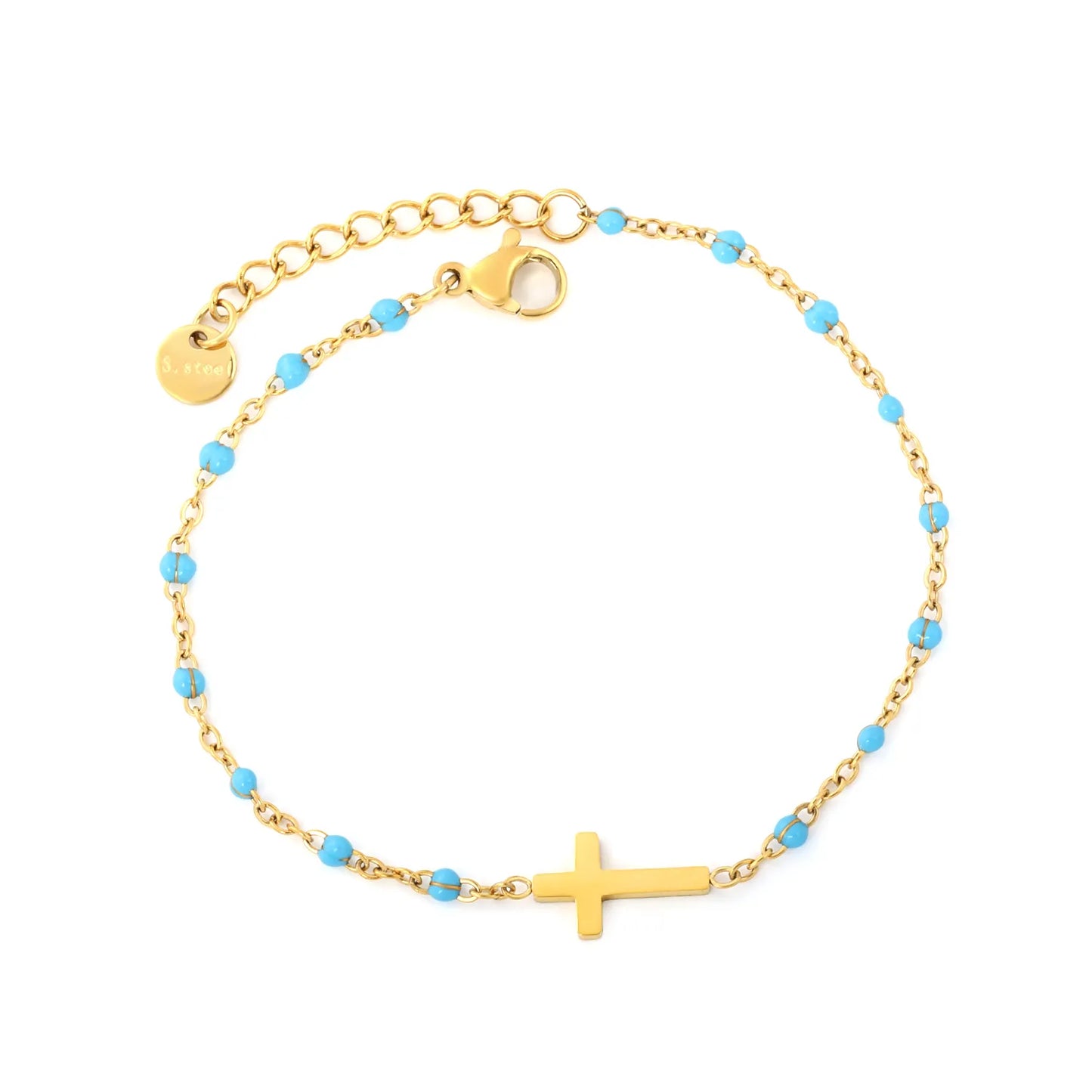 Cross Charm Enamel Station Bracelet | Blue/Black/Purple Color | 18K Gold Plated Stainless Steel for Bulk Order