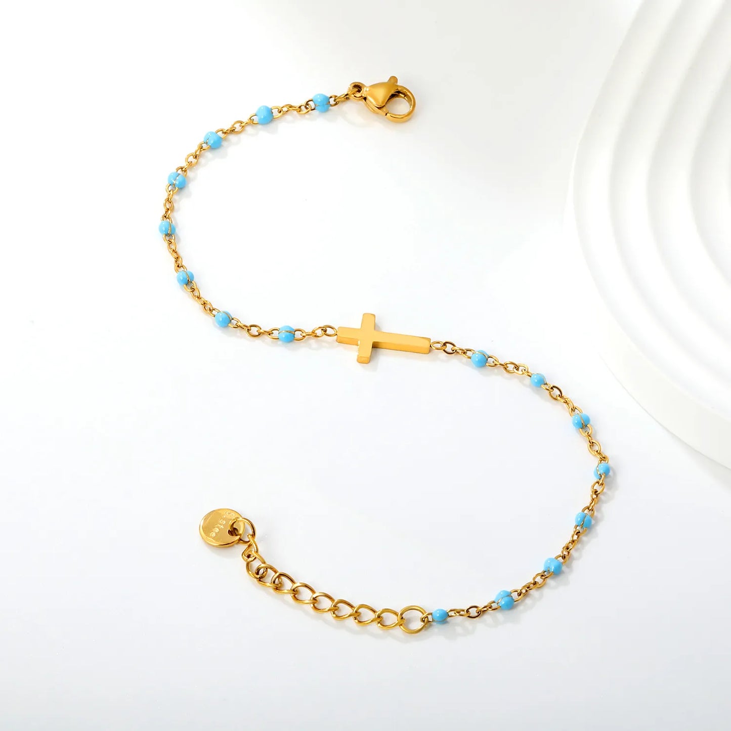 Cross Charm Enamel Station Bracelet | Blue/Black/Purple Color | 18K Gold Plated Stainless Steel for Bulk Order