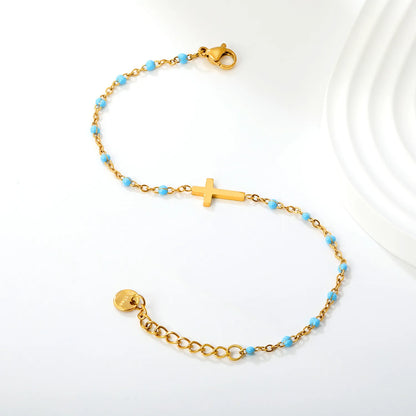 Cross Charm Enamel Station Bracelet | Blue/Black/Purple Color | 18K Gold Plated Stainless Steel for Bulk Order