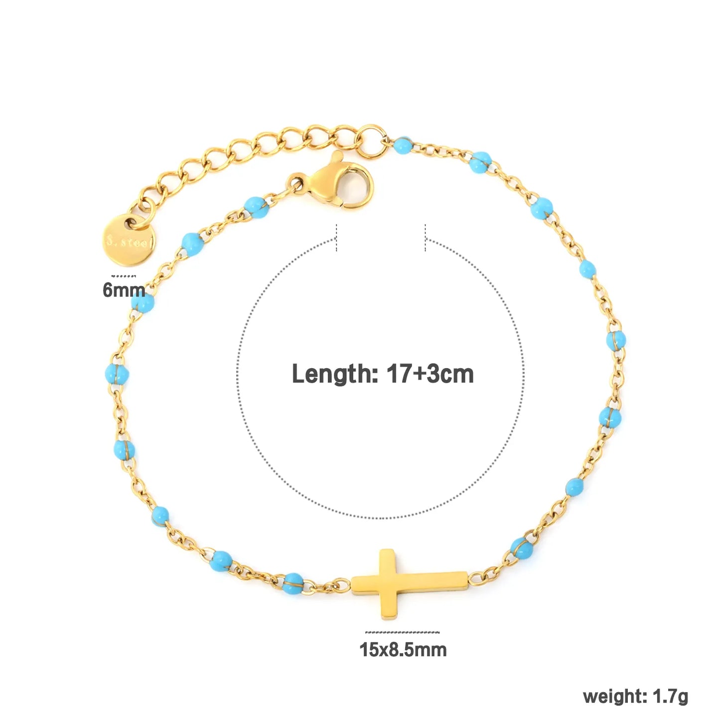 Cross Charm Enamel Station Bracelet | Blue/Black/Purple Color | 18K Gold Plated Stainless Steel for Bulk Order