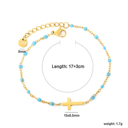 Cross Charm Enamel Station Bracelet | Blue/Black/Purple Color | 18K Gold Plated Stainless Steel for Bulk Order