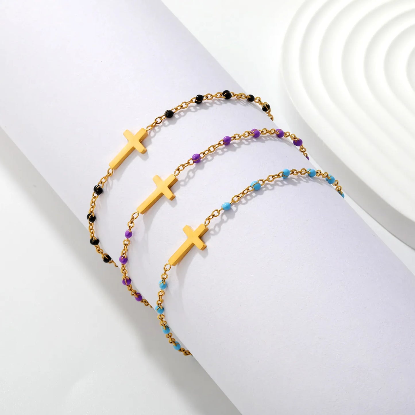 Cross Charm Enamel Station Bracelet | Blue/Black/Purple Color | 18K Gold Plated Stainless Steel for Bulk Order