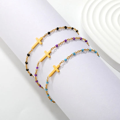 Cross Charm Enamel Station Bracelet | Blue/Black/Purple Color | 18K Gold Plated Stainless Steel for Bulk Order