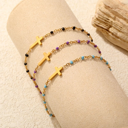 Cross Charm Enamel Station Bracelet | Blue/Black/Purple Color | 18K Gold Plated Stainless Steel for Bulk Order