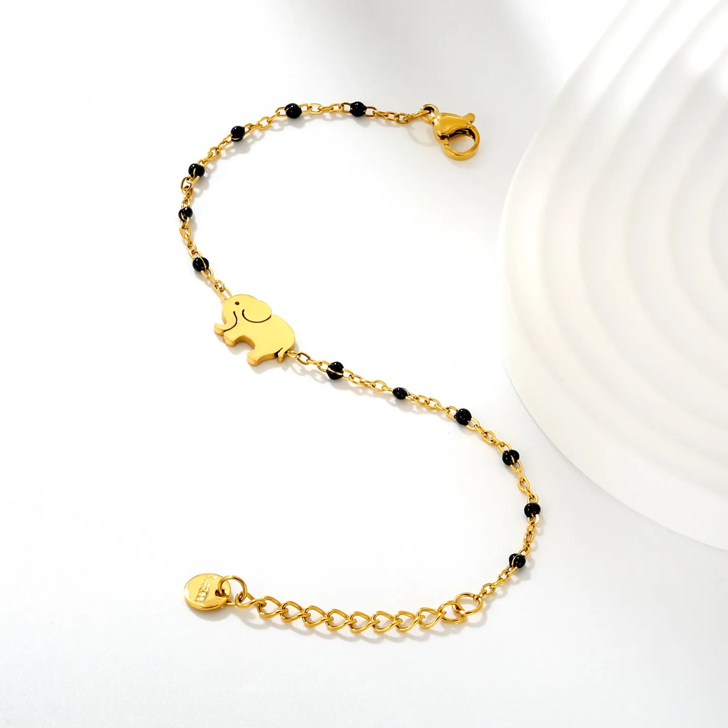 Wholesale Elephant Charm Enamel Station Bracelet | Black/White/Red Beads