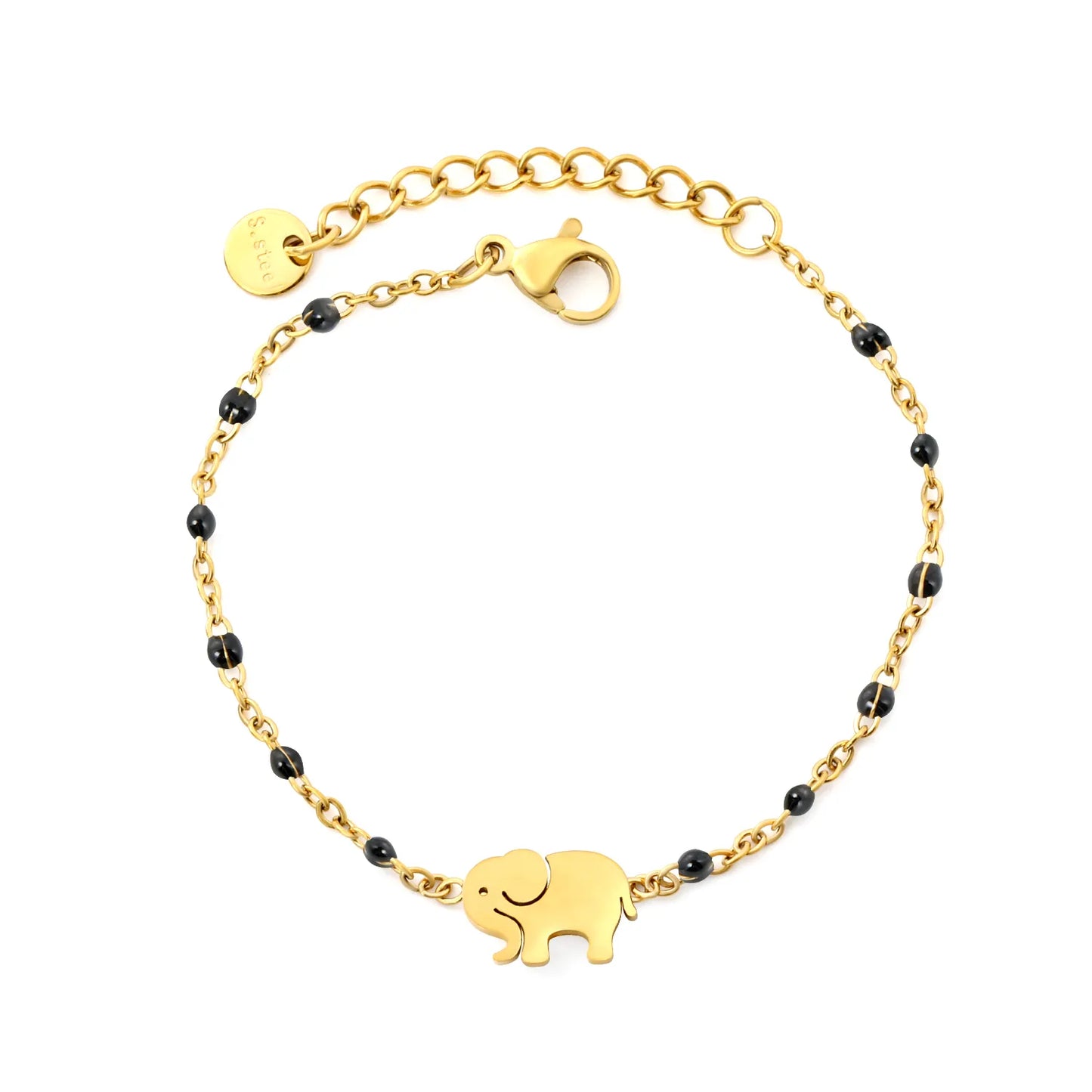Wholesale Elephant Charm Enamel Station Bracelet | Black/White/Red Beads