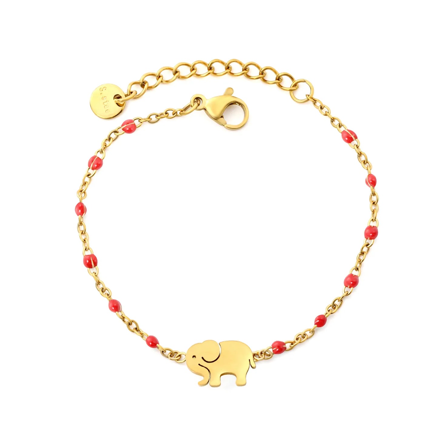 Wholesale Elephant Charm Enamel Station Bracelet | Black/White/Red Beads