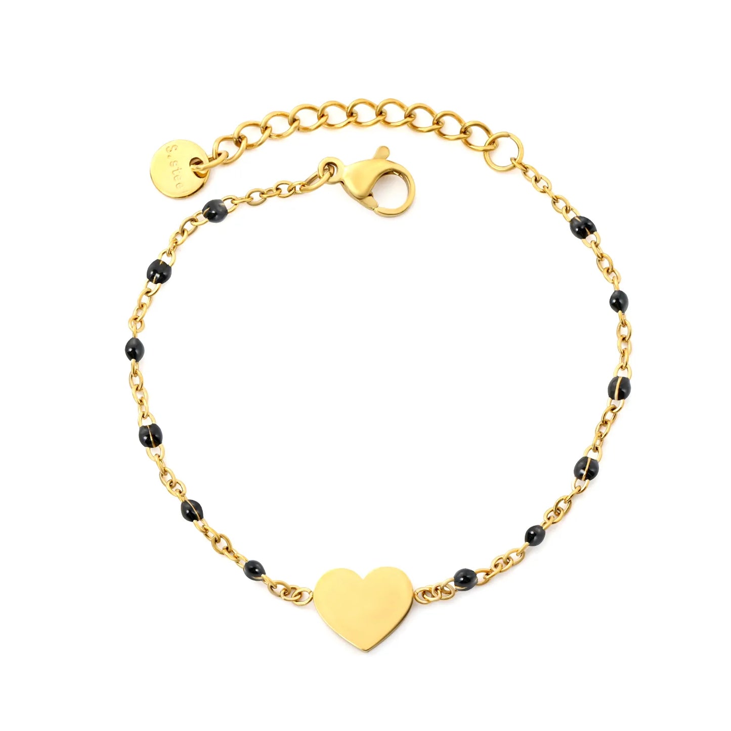 Solid Heart Enamel Station Bracelet | White/Red/Black Enamel Beads | 18K Gold Plated Stainless Steel Dainty Bracelet Wholesale