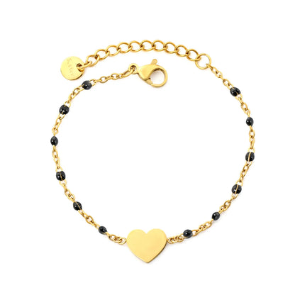 Solid Heart Enamel Station Bracelet | White/Red/Black Enamel Beads | 18K Gold Plated Stainless Steel Dainty Bracelet Wholesale
