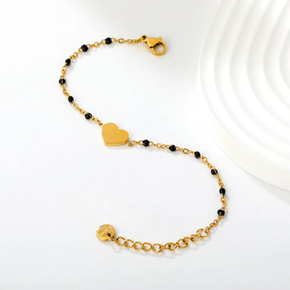 Solid Heart Enamel Station Bracelet | White/Red/Black Enamel Beads | 18K Gold Plated Stainless Steel Dainty Bracelet Wholesale