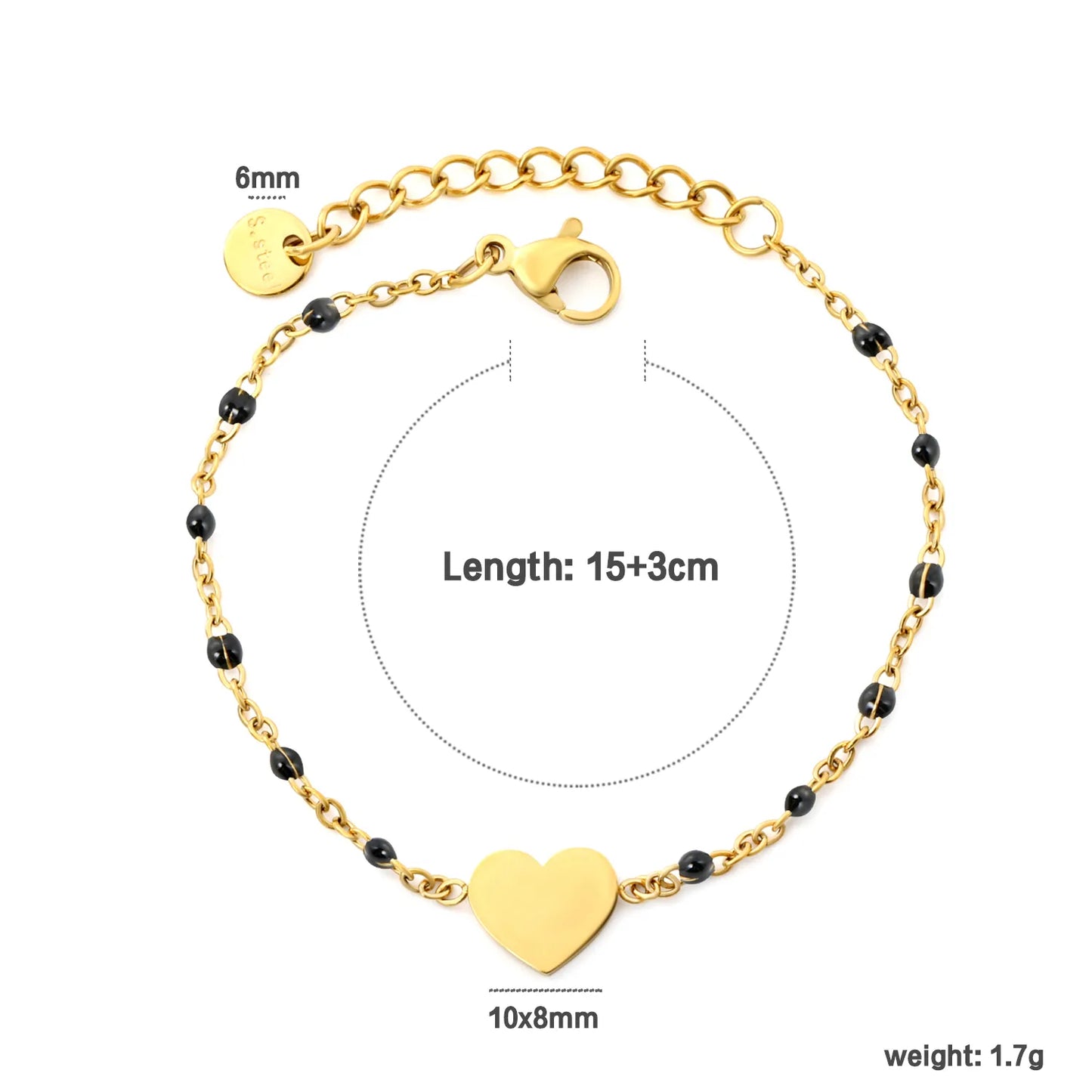 Solid Heart Enamel Station Bracelet | White/Red/Black Enamel Beads | 18K Gold Plated Stainless Steel Dainty Bracelet Wholesale