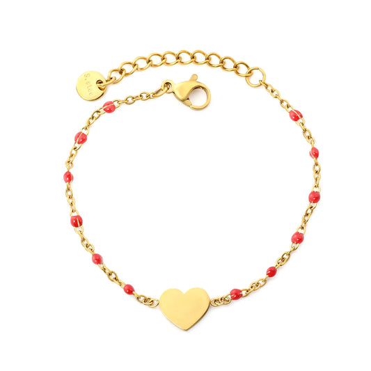 Solid Heart Enamel Station Bracelet | White/Red/Black Enamel Beads | 18K Gold Plated Stainless Steel Dainty Bracelet Wholesale