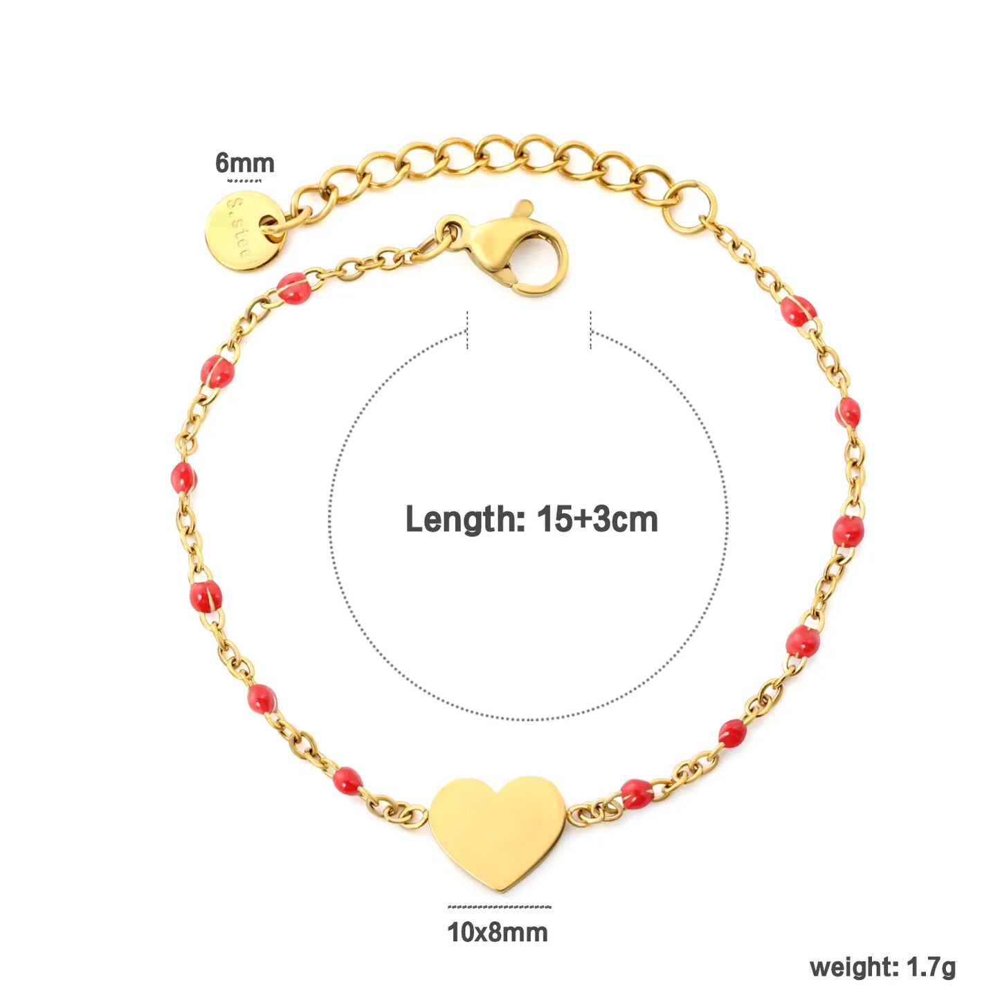 Solid Heart Enamel Station Bracelet | White/Red/Black Enamel Beads | 18K Gold Plated Stainless Steel Dainty Bracelet Wholesale
