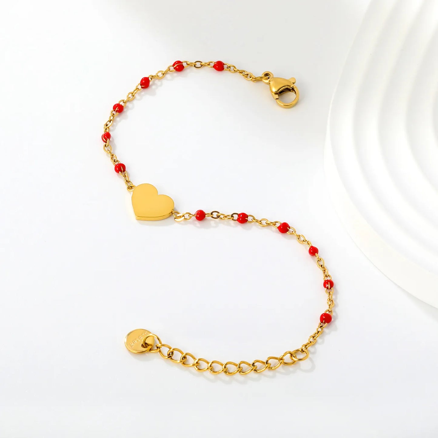 Solid Heart Enamel Station Bracelet | White/Red/Black Enamel Beads | 18K Gold Plated Stainless Steel Dainty Bracelet Wholesale