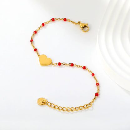 Solid Heart Enamel Station Bracelet | White/Red/Black Enamel Beads | 18K Gold Plated Stainless Steel Dainty Bracelet Wholesale
