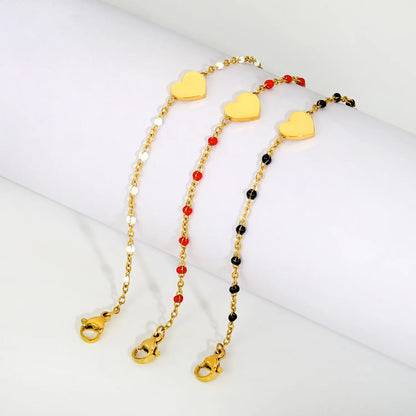 Solid Heart Enamel Station Bracelet | White/Red/Black Enamel Beads | 18K Gold Plated Stainless Steel Dainty Bracelet Wholesale