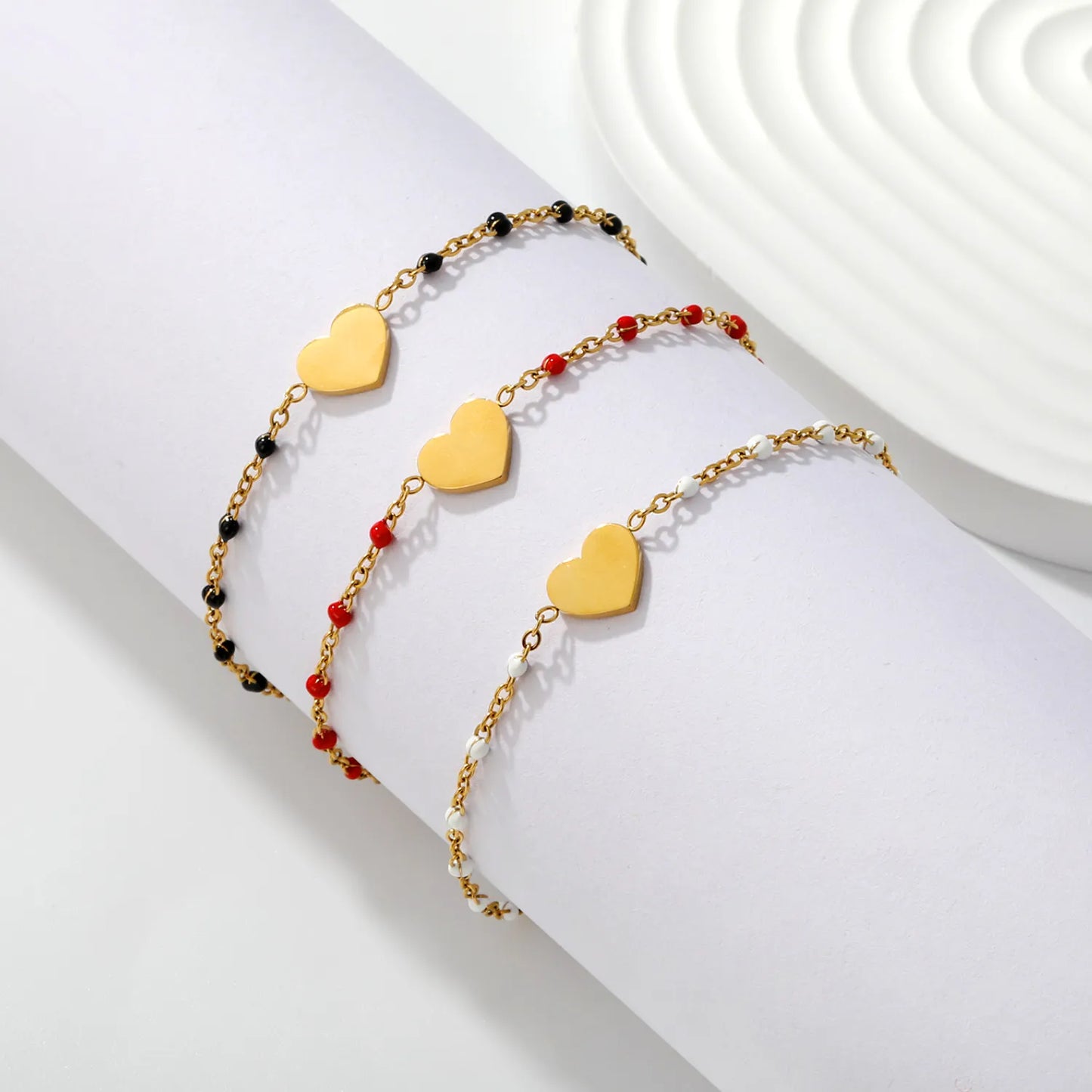Solid Heart Enamel Station Bracelet | White/Red/Black Enamel Beads | 18K Gold Plated Stainless Steel Dainty Bracelet Wholesale