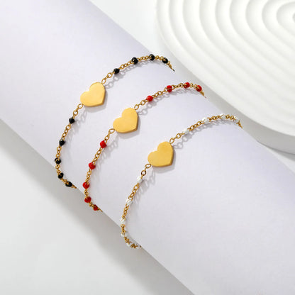 Solid Heart Enamel Station Bracelet | White/Red/Black Enamel Beads | 18K Gold Plated Stainless Steel Dainty Bracelet Wholesale