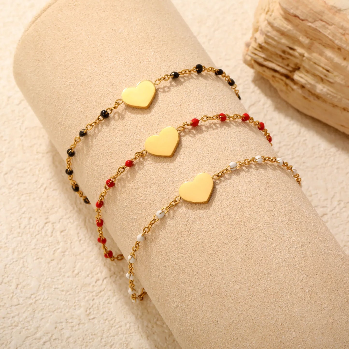Solid Heart Enamel Station Bracelet | White/Red/Black Enamel Beads | 18K Gold Plated Stainless Steel Dainty Bracelet Wholesale