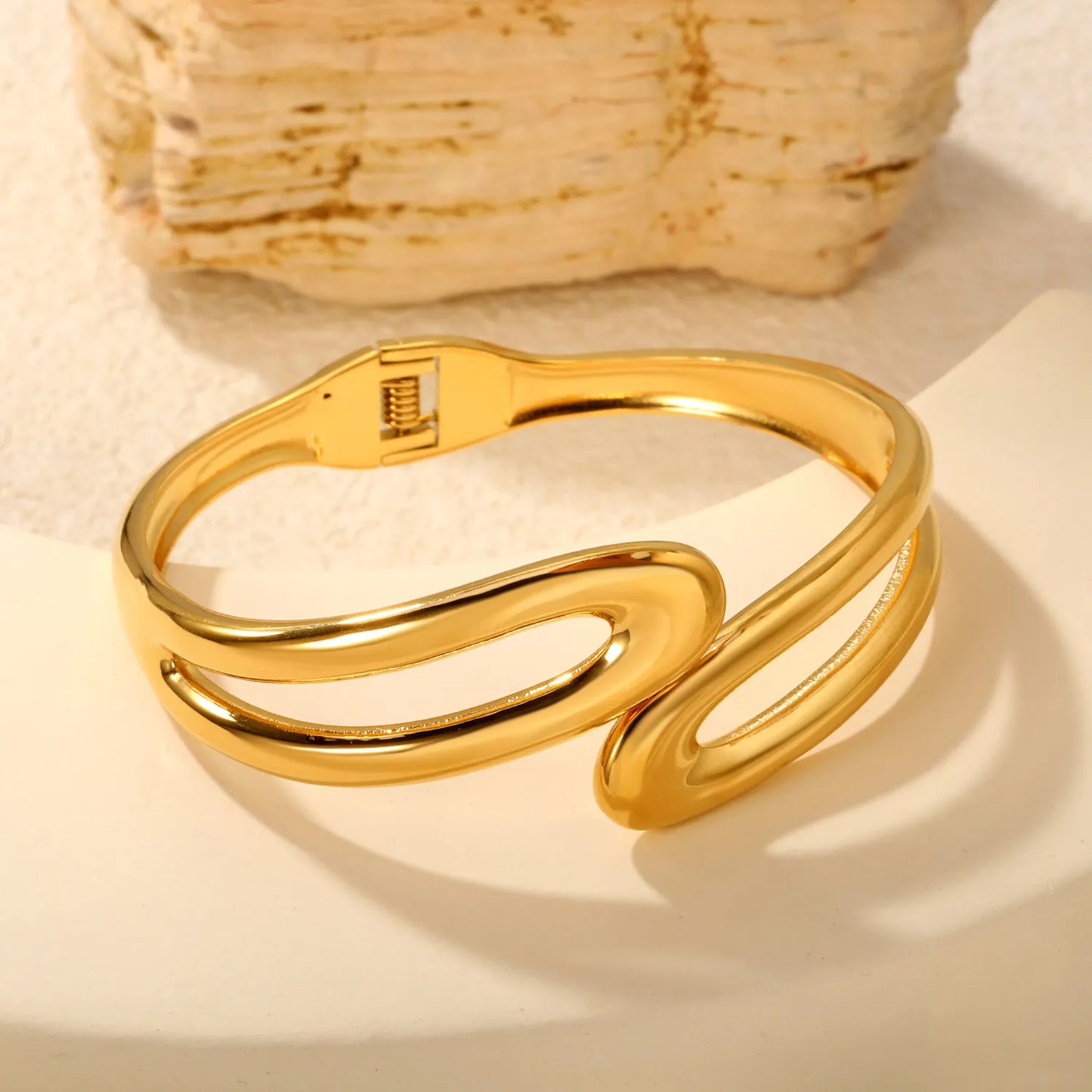 Sculptural Double Curved Spring‑Hinge Cuff Bangle | Two Colors Options | MOQ 12