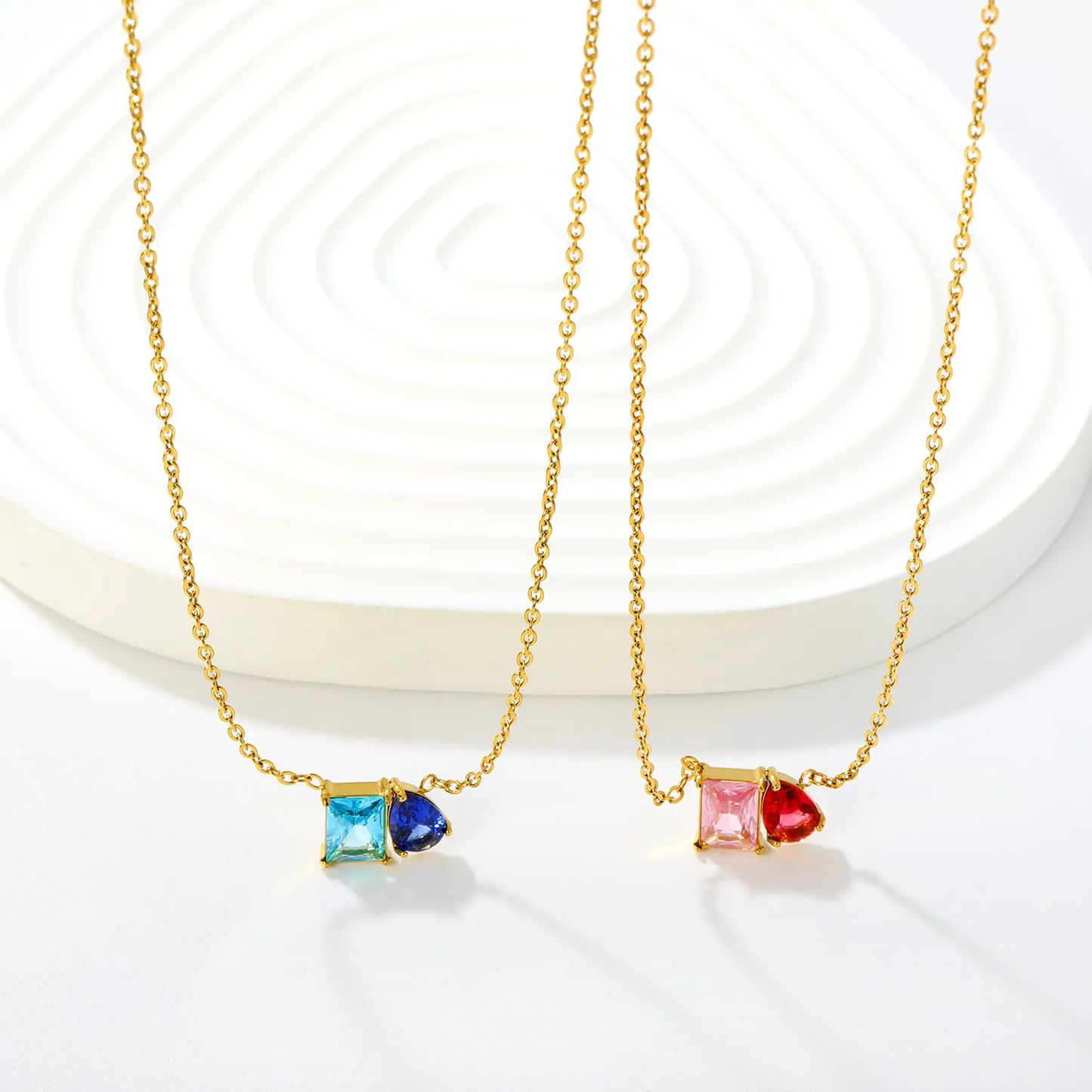 Colorful CZ Dainty Mixed‑Shape Two‑Stone Pendant Necklace | 18K Gold Plated Stainless Steel  | MOQ 12
