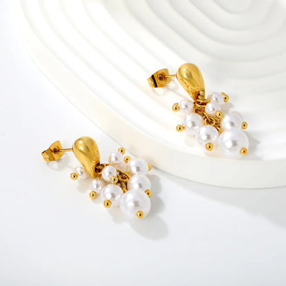 Grape‑Cluster Pearl Dangle Drop Earrings | 18K Gold Plated Stainless Steel Bridal Earrings Wholesale