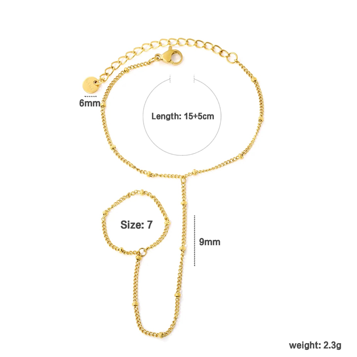 Minimal 18K Gold Plated Stainless Steel Beaded Station Hand Chain for Wholesale