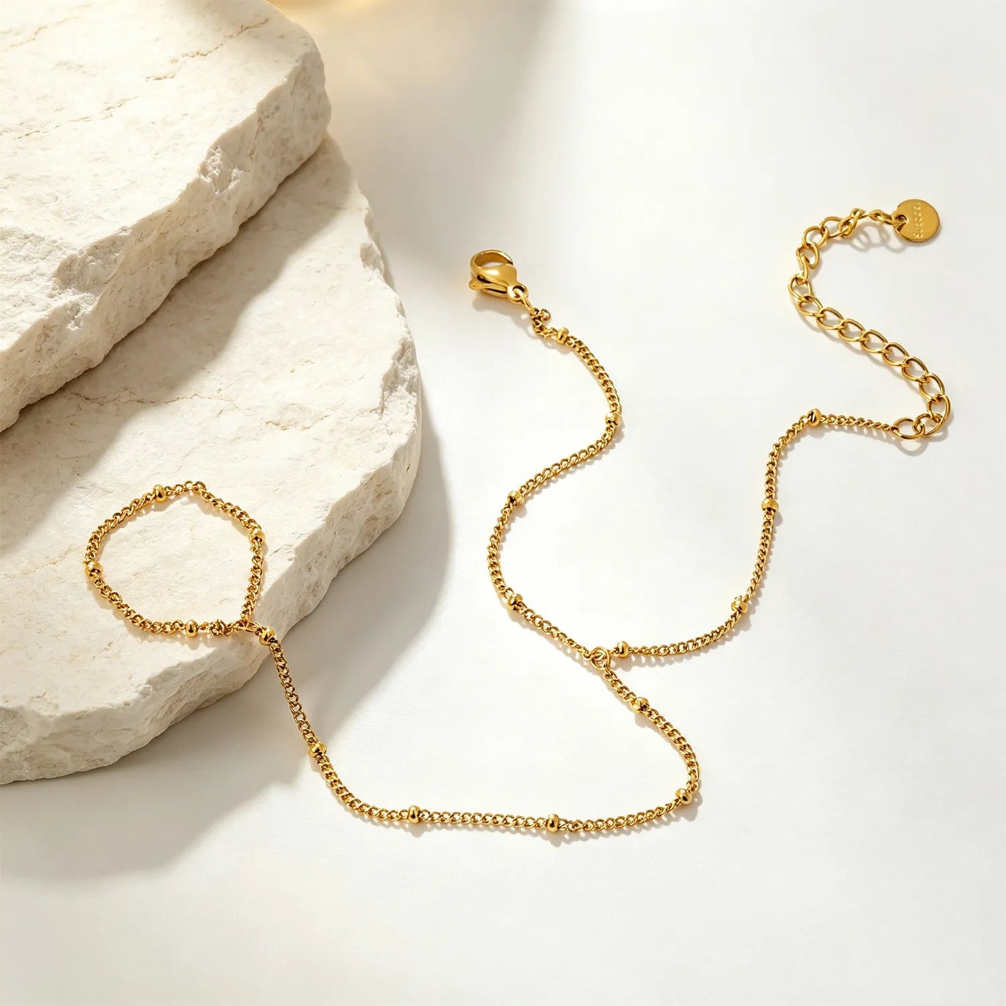 Minimal 18K Gold Plated Stainless Steel Beaded Station Hand Chain for Wholesale